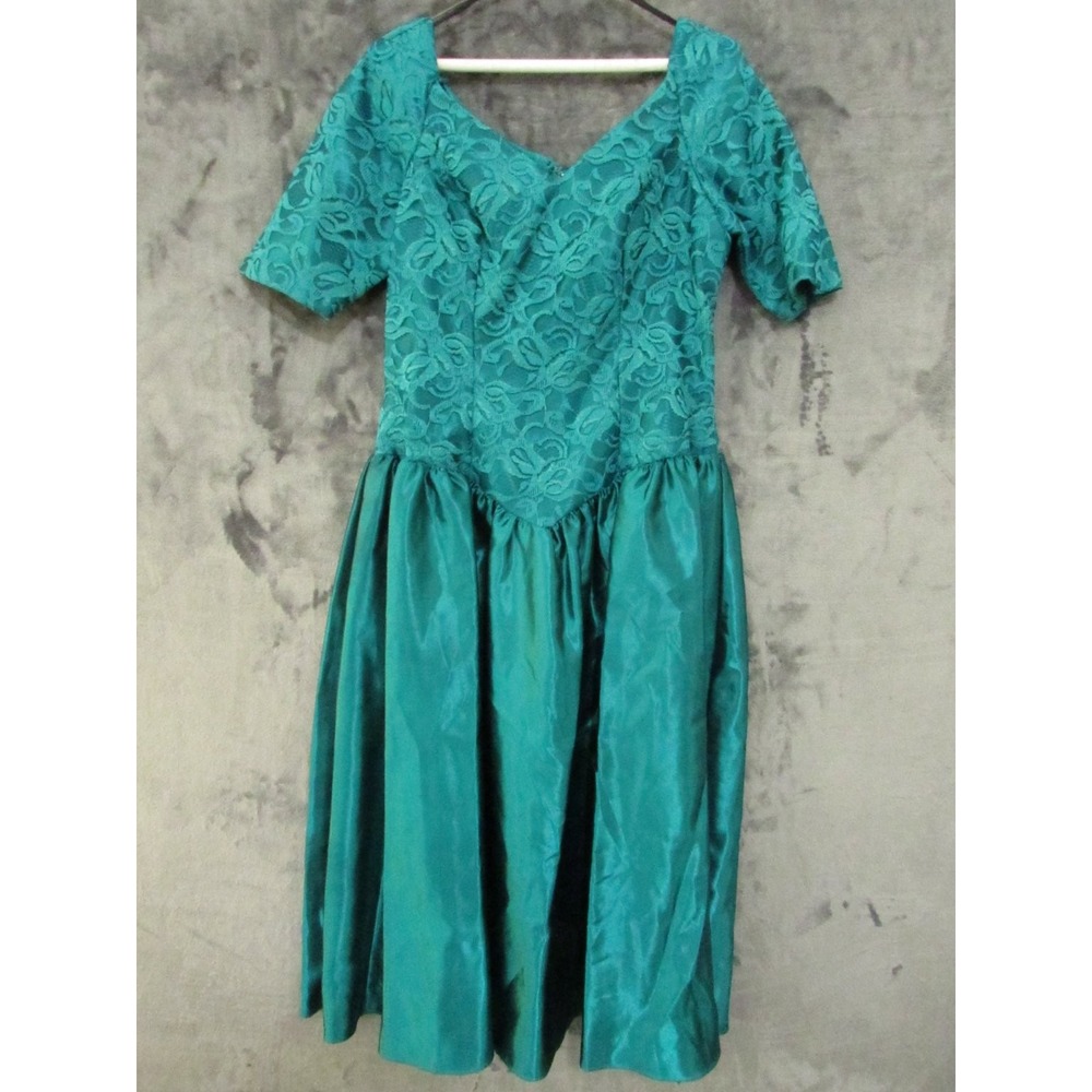 JCPenney Alfred Angelo Women's Emerald Lace & Satin Midi 97 Dress Size 14 Formal